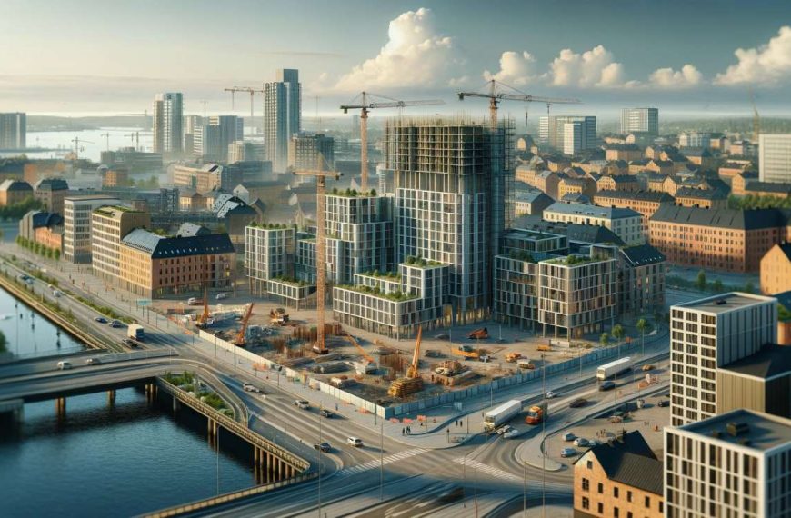 Här är en bild som skildrar en mer realistisk stadsmiljö i Halmstad, med fokus på urban utveckling och byggplatser.